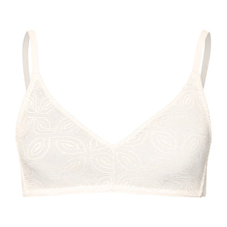 cream wireless bra on white background